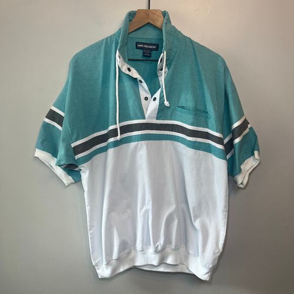 Vintage 90s Men's Van Heusen Short Sleeve Drawstring Polo Shirt Size Large - Picture 1 of 6